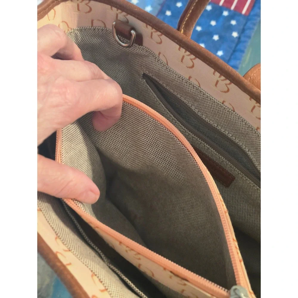 Dooney & Bourke Signature Monogram Beige Canvas Satchel Bag Brown Leather Trim